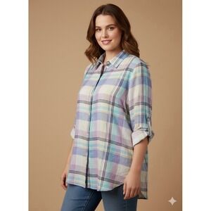 Liz Claiborne Linen Pastel‎ Plaid Roll Tab Sleeves Tunic M LizSport Breathable